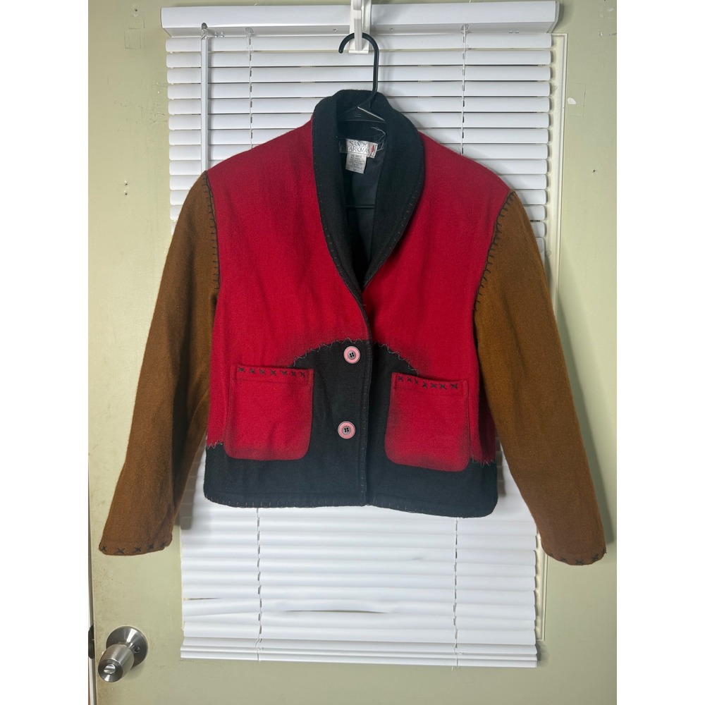 Sandy Starkman Vintage Wool Blend Colorblock Blanket Stitch Jacket Red Black M